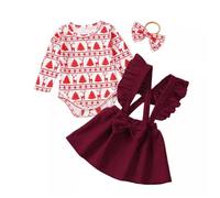 Générique Pyjama Noël Enfant Fille Ensemble Bébé Fille Garçon Manches Longues Christmas Cartoon Print Romper Bodysuit Jupe Hair Tie Carnaval Noël Doux Mignon Cadeau Parfait Vêtement Bébé