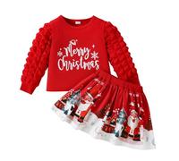Générique Pyjama Noël Enfant Fille Vêtement Bébé Fille Puff Sleeves Print Merry Christmas Lettre Shirt Short Jupe Party Dress Carnaval Noël Doux Élégant Cadeau Festif Vêtement Bébé