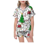 Générique Pyjama Noel, Enfant Manches Courtes Ensemble Vetement Bebe Fille, Humoristique Ensembles De Noël Personnalisé, Hiver Assorti Noel Satin avec Imprimé, Vêtements De Nuit Amusants pour Fête