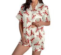 Générique Pyjama Satin Crevette Imprimé Femme Manches Courtes Doux Confortable Maison, Ensemble Nuit Amusant en Soie, Parfait pour Femmes Aimant La Mer Et Les Crustacés