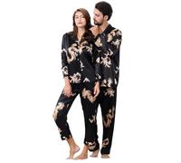 Générique Pyjama Satin Femme Homme Vêtements de Nuit Couple Pyjama Femme Chic à Manches Longues avec Boutons Nuisette Femme Satin Saint-Valentin Ensembles de Pyjama Femme Soie 2 Pièces (A02-Black, S)