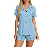 Générique Pyjama Short Femme Détente Doux Ensemble Pijamas À Manches Courtes Cœurs Imprimée Chic Été 2 Pièces Vêtements De Nuit Boutonnée