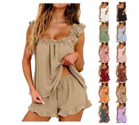 Générique Pyjama Short Femme Ete 2 Pièces avec Débardeur à Volants et Pyjashort Décontracté Couleur Unie,Tenue de Nuit Chic et Elegant Ensemble de Pyjama Léger Confortable pour la Maison (Kaki, L)