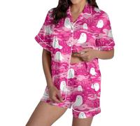 Générique Pyjamas d'halloween pour Femmes Ensemble Pyjama en Soie Femme Tenue Maison Confort Chemise Boutonnée et Pantalon Coton Quatre Saisons Ajusté/Décontracté Fantôme Amusant