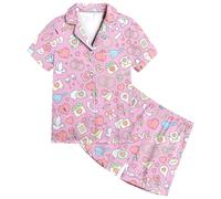 Générique Pyjamas pour Filles Ensemble Satin Pyjama Enfants Loungewear Set Vêtement de Nuit Boutons Short Fashion Mignon Dessin Animé Manches Courtes té Coton Imprimé Tout-Petit Bébé