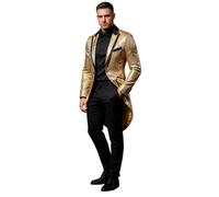 Générique Queue-de-pie à paillettes dorées brillantes pour homme, coupe ajustée, boutons, style smoking, idéale pour les fêtes, les spectacles, les bals de promo et les mariages.