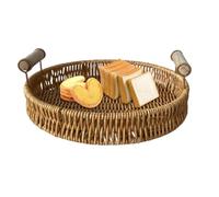 Générique Rattan Round Tray Handwoven, Lightweight, Wooden Handle, Round