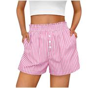 Générique Rayure Short Femme 2026 Décontracté Ample Taille Élastique avec Poches Boutons Été (XL)