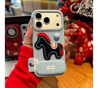 Générique Red Pony Phone Case with a Mirror Stand, A Red-Embroidered Pony Phone Case for iPhone 12/13/14/15/16/17 Pro Max Series (for 16Plus,Blue)