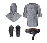 Générique Renaissance Faux Chaîne de maille Tunique Chemise d'armure Coif Chevalier Médiéval Cowl de Croisé Halloween Déguisement Costume Ensemble de Ceintures et Bracelets Accessoires