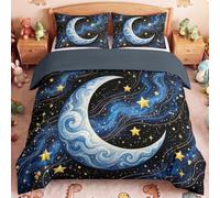 Générique Respirant Parure de Lit 200 x 200 cm Rétro Conte De Fées Motif de Couleur Bleu - Lune Étoiles Or Lignes - 1 x Housse de Couette et 2 x Taies 80 x 80 cm pour 2 Personnes