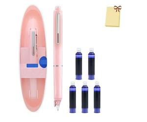 Générique Retractable Fountain Pen, Multicolor Pressable Gel Pen, 0.38mm Blue&black Ink Barrel Includes 5 Refillable Ink Cartridges, Smooth Writing No Leaking (Pink,Erasable Blue)