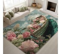 Générique Rétro Bateau Fleurs Onirique Tapis de Cuisine imprimé Tapis - 50 x 80 cm, Vert Tapiss avec Tapis antidérapant Magique intégré, Lavable entrée Devant Chambre Salon