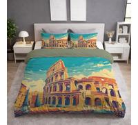 Générique Rétro Colisée Architecture Polaire Housse de Couette 140 x 190,Bleu Orange Parure de Lit, Housse de Couette Duveteux Imprimée Reversible Microfibre+Taie d'oreiller 65 x 65(1)