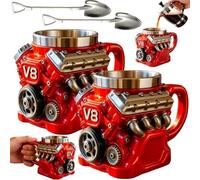 Générique Retro Engine Coffee Mug,V6 Creative Car Motor Design Cup,Personalized Double-Wall Insulated Stainless Steel Automotive Cups,For Car Themed Enthusiast and Engineers