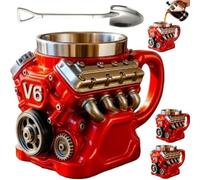 Générique Retro Engine Coffee Mug,V8 V6 Creative Car Motor Design Cup,Personalized Double-Wall Insulated Stainless Steel Automotive Cups,For Car Themed Enthusiast and Engineers
