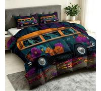 Générique Réversible Imprimée 4 Saisons Couette200x200 cm - Noir Édredon | Fourgon Hippie Couette en microfibre avec 2 taies d'oreiller de 65x65 cm Illustration Cartoon Douce Respirante