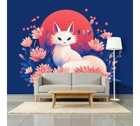 Générique Rêveur Animaux Renards Et Fleurs 3D Papier Peint Panoramique 400 x 280 cm Papier Peint Intissé, Murales Poster pour Salon, Chambre d'enfants Décoration, Murale Facile à Monter, Bleu