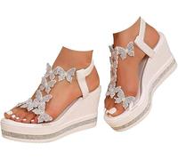 Générique Rhinestones Platform Wedge Butterfly Heels for Women,Orthopedic Open Toe Sandals platform Dress Shoes,Boho Beach Wedding Dressy Summer Shoes (White,36)