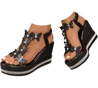 Générique Rhinestones Platform Wedge Butterfly Heels for Women,Orthopedic Open Toe Sandals platform Dress Shoes,Boho Beach Wedding Dressy Summer Shoes (Black,36)