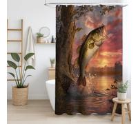 Générique Rideau de Douche 120 x 200 cm, 1 Panneau, Microfibre Douce, Anti-Moisissure et Imperméable, Lavable, pour Salle de Bains, avec Œillets et Crochets, Sienne, Poisson Sautant Coucher De Soleil