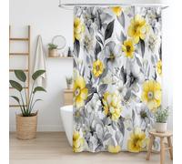 Générique Rideau de Douche 180 x 200 cm, 1 Panneau, Microfibre Douce, Anti-Moisissure et Imperméable, Lavable, pour Salle de Bains, avec Œillets et Crochets, Moutarde, Aquarelle Fleurs