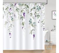 Générique Rideau de Douche Fleurs Violettes Rideau Douche Feuilles D'Eucalyptus Vertes Polyester Anti Moisissure Lavable Imperméable Tissu Rideaux de Baignoire 180x180 cm avec 12 Crochets A1011