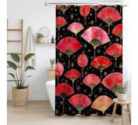 Générique Rideau De Douche Rouge Noir Aquarelle Exquis Lanterne Éventail Rideau De Bain 200 x 200 cm Tissu Anti Moisissure Imperméable Lavable Rideaux Salle De Bain avec Crochets pour Baignoire