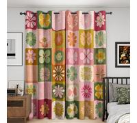 Générique Rideau Occultant Années 70, Lot de 2 Rideaux Occultant Thermique Isolant à Oeillets, Motif Bohème Hippie Fleurs Retro, Decoration Chambre Salon Fenetre, 117 L x 137 H (428-Y)