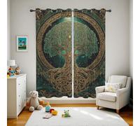 Générique Rideau Occultant Arbre de Vie Celtique, Motif Viking Or Vert, Rideaux Thermiques à Oeillets pour Chambre Salon, Mythologie Nordique Lot de 2 Décoration de Fenêtre 140x200 (LxH)