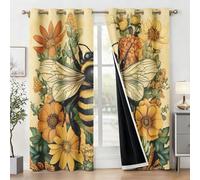 Générique Rideau Occultant Bourdon Salon, Rideaux Thermiques à Oeillets, Abeille Botanique Tournesol Decoration Chambre Fenetre, Lot de 2 Draperies Intérieurs 117x183 cm (L x H) Q-D30
