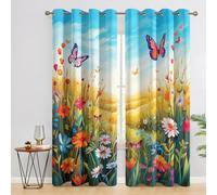 Générique Rideau Occultant Champ, Rideaux Motif Papillons et Fleurs Sauvages pour Decoration Salon Chambre Fenetre, Draperies Intérieurs à Oeillets Lot de 2, L 117 x H 183 cm s99