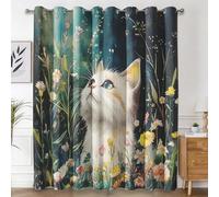 Générique Rideau Occultant Chat de Dessin Animé, Rideaux Chaton Fleurs Sauvages Enfant, Rideau Thermique Anti Froid pour Salon Chambre Decoration, Lot de 2 Draperies Intérieur 140x160 cm PW&79