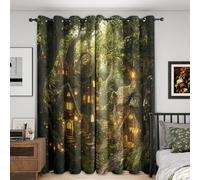 Générique Rideau Occultant Fée Conte Maison 2 Pièces, L 140 x H 180 - Rideaux Fenetre Imprimé Fantastique Magique Forêt Decoration Chambre, Salon, Draperies Intérieurs à Oeillets XP&59