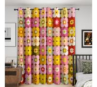 Générique Rideau Occultant Fleurs Retro, Lot de 2 Rideaux Occultant Thermique Isolant à Oeillets, Motif Années 70 Hippie Bohème Floral, Decoration Chambre Salon Fenetre, 110 L x 215 H (438-Y)
