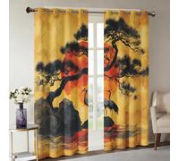 Générique Rideau Occultant Grue Japonaise Salon, Rideaux Thermiques à Oeillets, Soleil Rouge Zen Pin Oriental Decoration Chambre Fenetre, Lot de 2 Draperies Intérieurs 140x260 cm (L x H) Q-D41