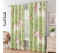 Générique Rideau Occultant Licorne Mignonne, Rideaux Motif Animaux Kawaii Vert Clair Fille pour Decoration Salon Chambre Fenetre, Draperies Intérieurs à Oeillets Lot de 2, L 140 x H 260 cm K277