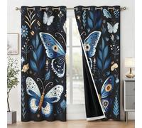 Générique Rideau Occultant Papillon Bleu Salon, Rideaux Thermiques à Oeillets, Papillons Botanique Decoration Chambre Fenetre, Lot de 2 Draperies Intérieurs 140x200 cm (L x H) Q-D30