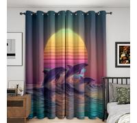 Générique Rideau Occultant Vaporwave Océan Dauphin 2 Pièces, L 117 x H 137 - Rideaux Fenetre Imprimé Marine Vague Coucher de Soleil Decoration Chambre, Salon, Draperies Intérieurs à Oeillets XP&20