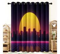 Générique Rideau Occultant Ville Coucher de Soleil Gratte-Ciel, Lot de 2 Rideaux Thermique Isolant à Oeillets 140 X 245 cm (L x H), Drapés Vintage pour fenêtre de Chambre à Coucher Salon Decoration