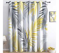 Générique Rideau Opaque Jaune Gris Feuilles De Palmier L75 x H166cm - Isolation Thermique avec Oeillets, Lot de 2, Occultant, Anti Bruit pour Salon et Chambre