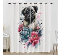 Générique Rideaux Occultant Chien Carlin, Rideaux Fleur Pivoine, Rideau Thermique Isolant pour Salon Chambre, Motif Aquarelle, Lot de 2 Décoration de Fenêtre Opaque à Oeillets 140x300 cm LxH JJ13