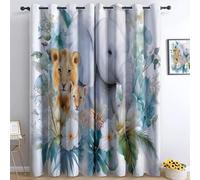 Générique Rideaux Occultants décoratifs - Animaux De La Jungle Éléphants Léopards Lions - Isolation Blanc Imprimée avec Œillets Thermiques pour Chambre/Adolescent/Salon - 2 Panneaux L110 x H215 cm