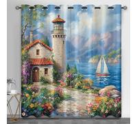 Générique Rideaux Paysage Côtier Phare et Chalet Enfants Rideaux Occultants pour Filles Jardin Fleur Arbuste Draperie Océan Voilier Montagne Rideaux Panneaux 117X183cmx2 Panneaux