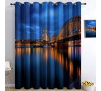 Générique Rideaux Salon Chambre fenêtre Rideau à œillets Isolant Thermiques Acoustiques Occultant 2 Panneaux 140L x 245H cm, Facile à Installer, Église Pont Vue Nocturne Ville Bleu Foncé
