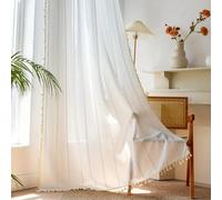 Générique Rideaux Semi-occultants, Rideaux en Mélange De Coton Et De Lin, Rideaux De Ferme De 63 Pouces, Traitements De Fenêtre à Pompons Brodés (White W 55 x L 84" (2 Panels))