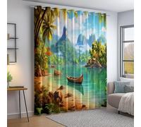 Générique Rideaux Thermiques Isolants 100L X 245H cm (2 Panneaux), Motif Paysages Tropicaux Îles Cocotiers pour Chambre Et Salon - Vert Rideaux Occultant À Oeillets