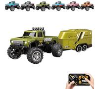 Générique RipRush Mini Monster 1:64 Off-Road LED Alloy Racer, 2.4GHz Off-Road Remote Control Car, Rechargeable Alloy Shell Mini RC Cars with Lights and Trailer (Green,with Trailer)