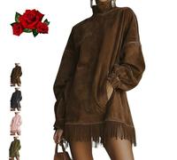 Générique Robe à col roulé en Faux Daim avec Ourlet à Franges, Collection 2026, Robes Western décontractées Vintage à Manches Longues et Poches for Femmes(Brun,XL)