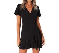 Générique Robe à Nouer sur Le côté pour Femmes Robes décontractées à Volants et col en V à Manches Courtes Robe d'été Portefeuille froncée à Lacets Coupe Slim (Le Noir,XL)